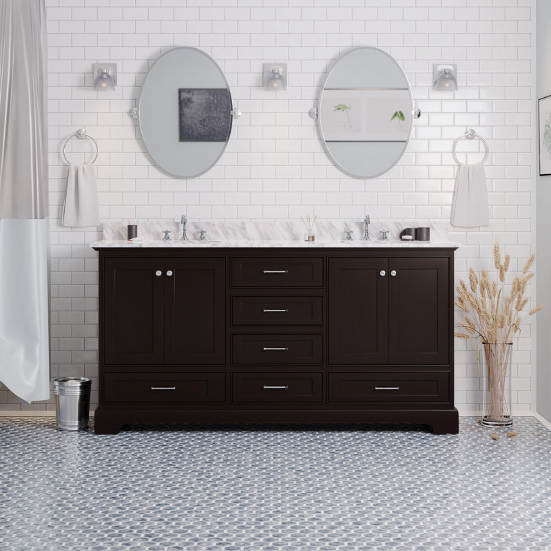 Ensemble de meuble-lavabo double 72 po Larosa, Chocolat, Marbre de Carrare