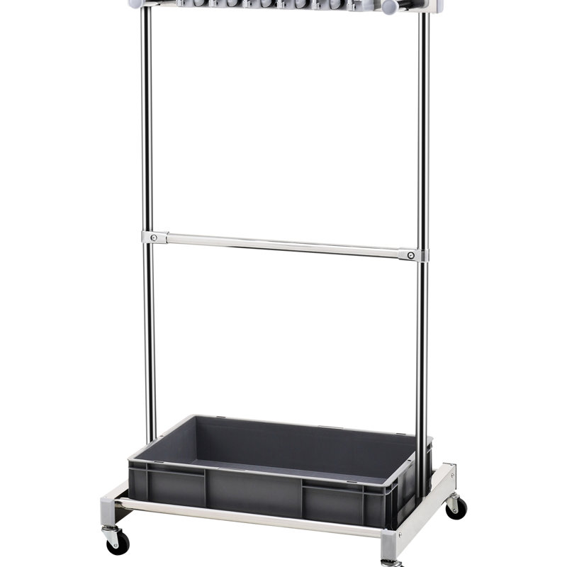 Support à outils de jardin, 10 fentes pour balai, vadrouille, organisateur de jardin avec 24 crochets fixes et 4 roues pivotantes, organisateur de tour gris de qualité industrielle, outils, crochets de rangement pour roues de rangement de garage, acier inoxydable