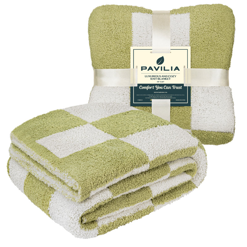Sage Green and White Checkered Fleece Throw Blanket