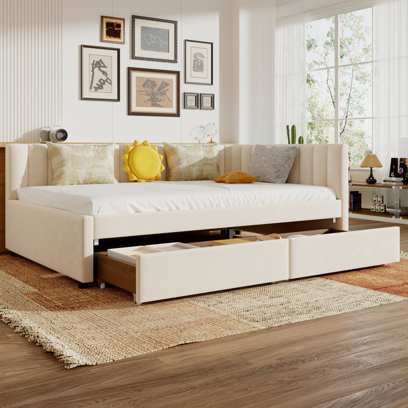 Lit de jour double avec tiroirs de rangement Lit de coin rembourré avec tête de lit en L Structure de lit de jour en velours pour chambre d'amis - Beige