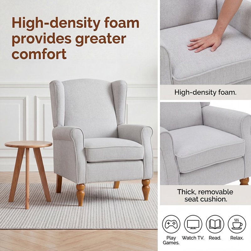 Light Beige Upholstered Wingback Accent Chair with Round Rubberwood Side Table, Beige