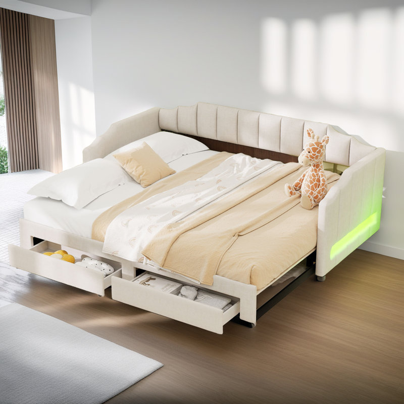 Cocoon Twin XL to King Convertible Daybed with Storage Drawers & LED Lights - Upholstered Linen Fabric, Solid Wood+MDF Frame, No Box Spring Needed (300-500 lb Capacity)