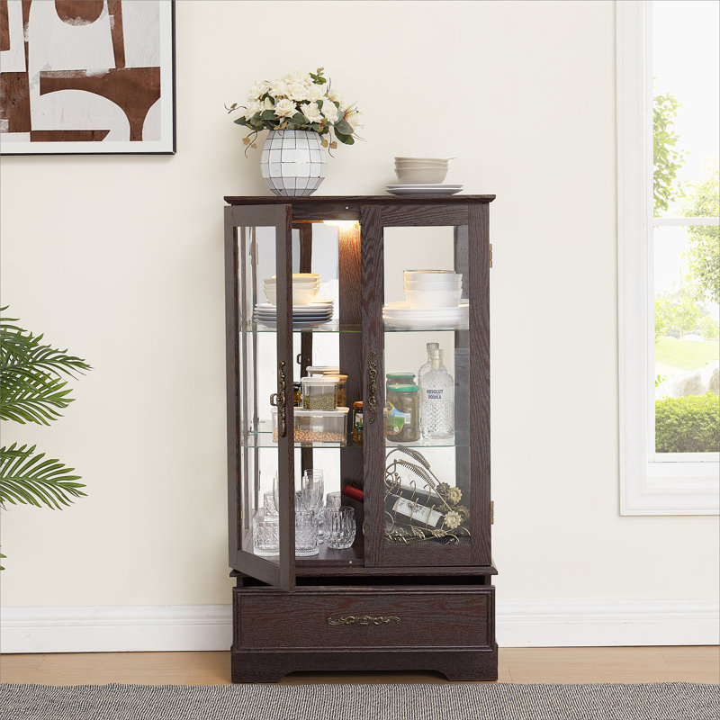 Lighted Glass Curio Cabinet with Adjustable Shelves - Elegant 2-Door Display Cabinet & Built-in Drawer, Includes Bulb, Cherry