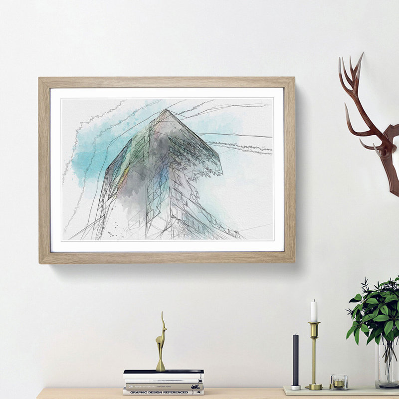 Architecture Sketch Vol.14 in Abstract - Picture Frame Graphic Art Print, 48cm H x 65cm W x 2cm D, Oak Framed