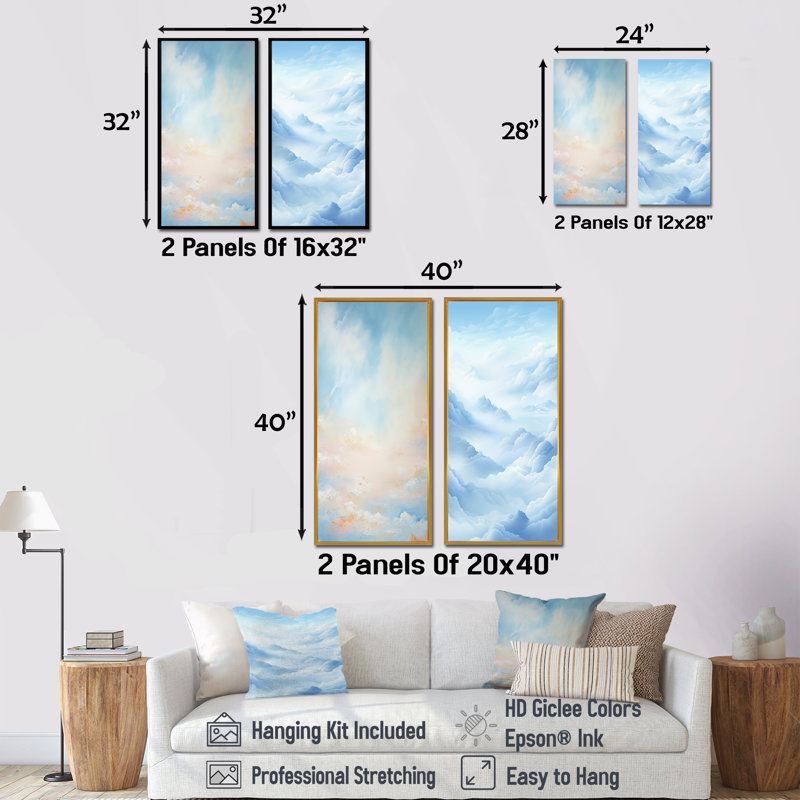 Blue Clouds Scenery Minimalisme - ensemble de 2 décorations murales nuages, H 28 po x l 25 po, Toile tendue