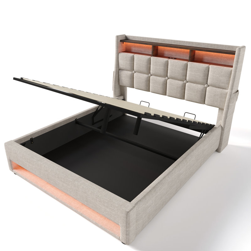 Structure de lit plateforme tapissier avec tête de lit à DEL, ports de chargement USB et rangement à levage hydraulique, aucun sommier nécessaire