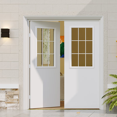 Prehung Double Front Door 18 Lite Clear Glass White Exterior Entry Door with Frame and Hardware French Patio Style