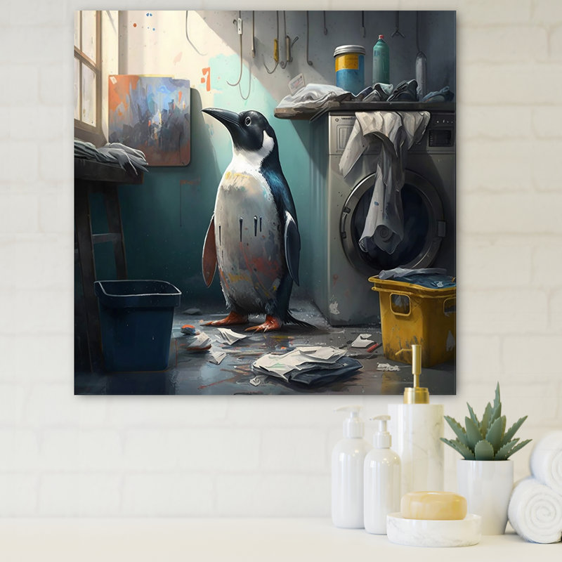 Mignon pingouin faisant la lessive - animaux, art mural sur toile, H 16 po x l 16 po x P 1 po