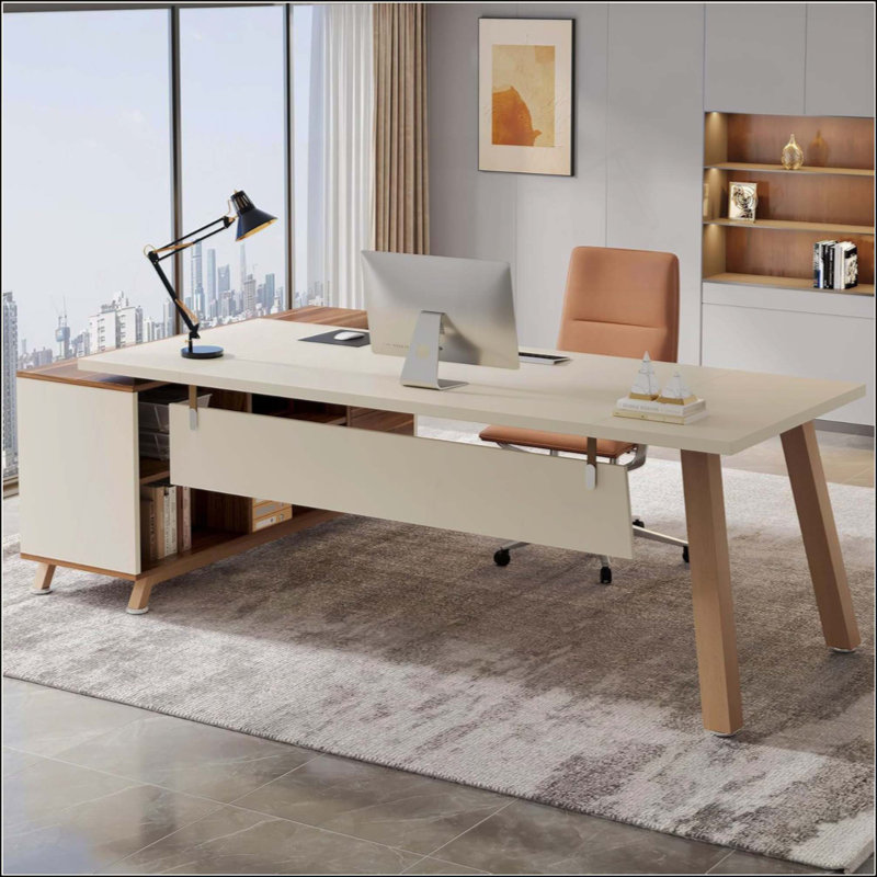 Bureau de direction en L avec classeur, grand bureau d'ordinateur moderne avec tablettes de rangement et tiroirs pour le bureau personnel