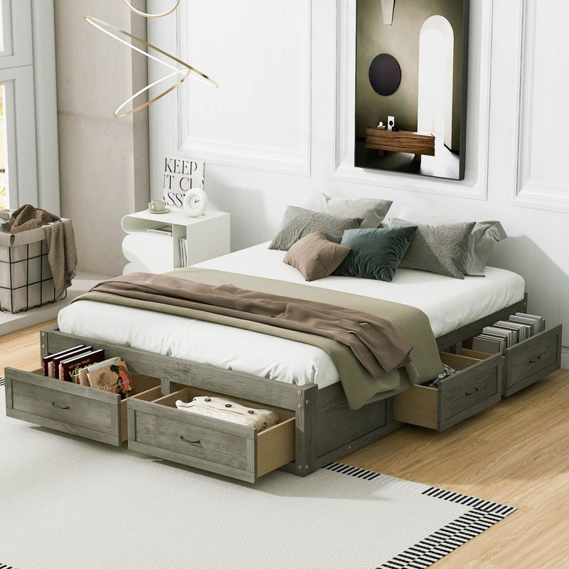 Platform Bed With 6 Storage Drawers, Antique Gray, Queen
