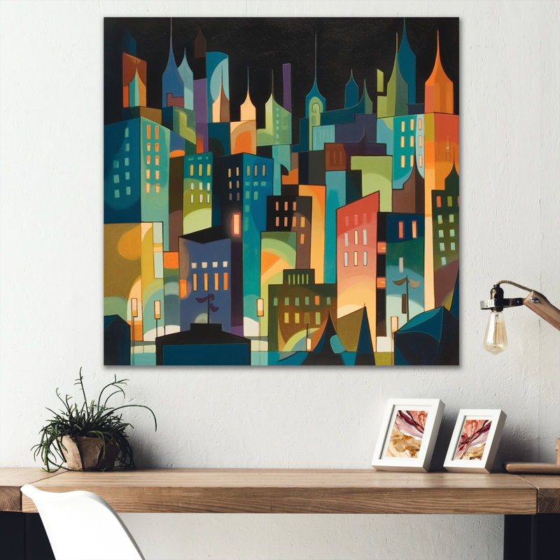 «Blue and Green Building the Cityscape» - reproduction d'art sur métal sans cadre, H 23 po x l 23 po x P 1 po
