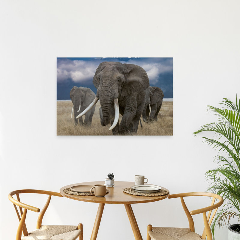 Wild Elephants Kilimanjaro Abstract Contemporary Landscape Nature Wall Art Print 1 Piece Wrapped Canvas Wall Art