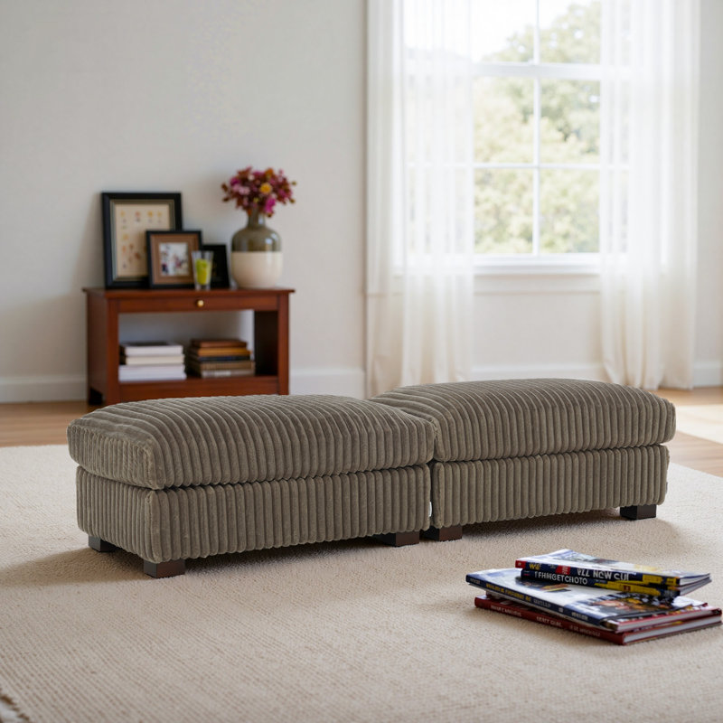 Upholstered Light Brown Faux Rabbit Fur Flannel Rectangle Ottoman, Light Brown