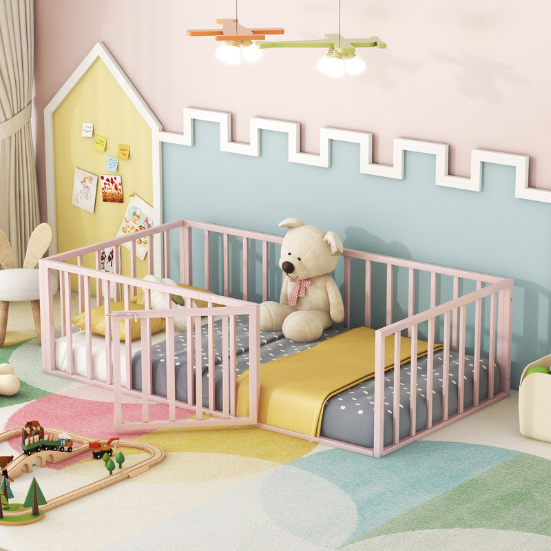 Twin Size Metal Floor Bed Frame for Kids with Fence & Door, Durable Sturdy Bed, Easy Assembly, Pink, Twin, Pink