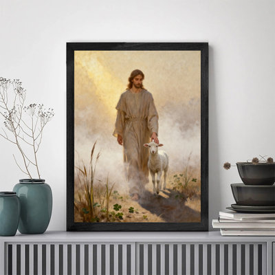 Black Framed Religious Guardian & Lamb Wall Art, Serene Spiritual Portrait Framed Prints