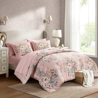 Édredon grand format floral rose 7 pièces pour grand lit, rembourrage de 200 g / m² pour une utilisation en toute saison, conception réversible, microfibre soyeuse et lisse, taies décoratives et coussins assortis, inspiration multicolore facile d'entretien