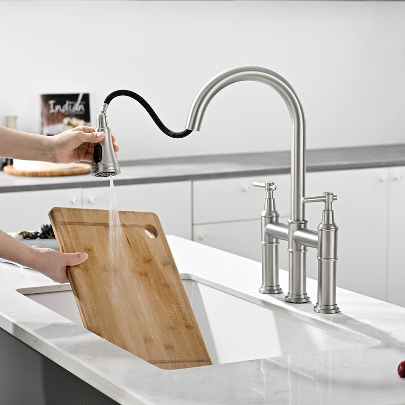 Pull Down Bridge Faucet with 2 Handles, Brushed Nickel
