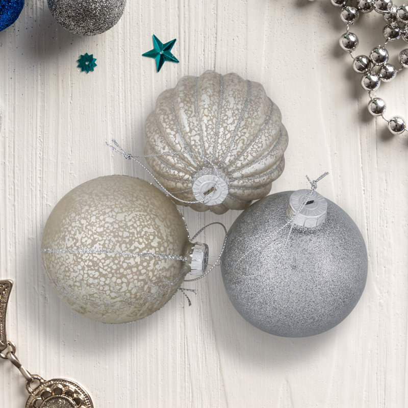 Ornements en forme de boule de Noël en verre texturé à paillettes argentées 9 carats 3 po (80 mm)