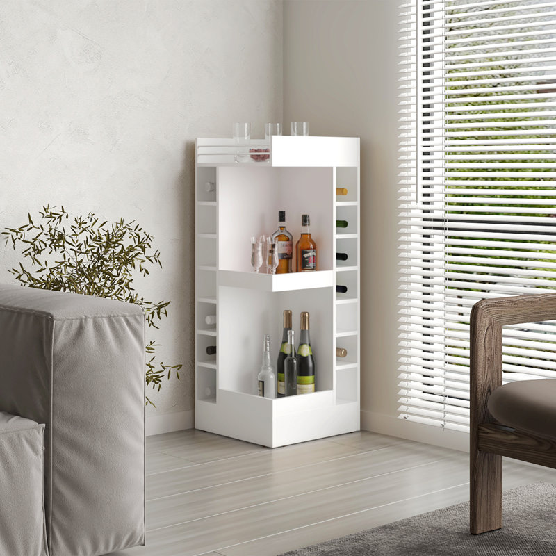 Armoire de bar d'angle à 3 niveaux avec quatorze casiers à bouteilles de vin, Blanc