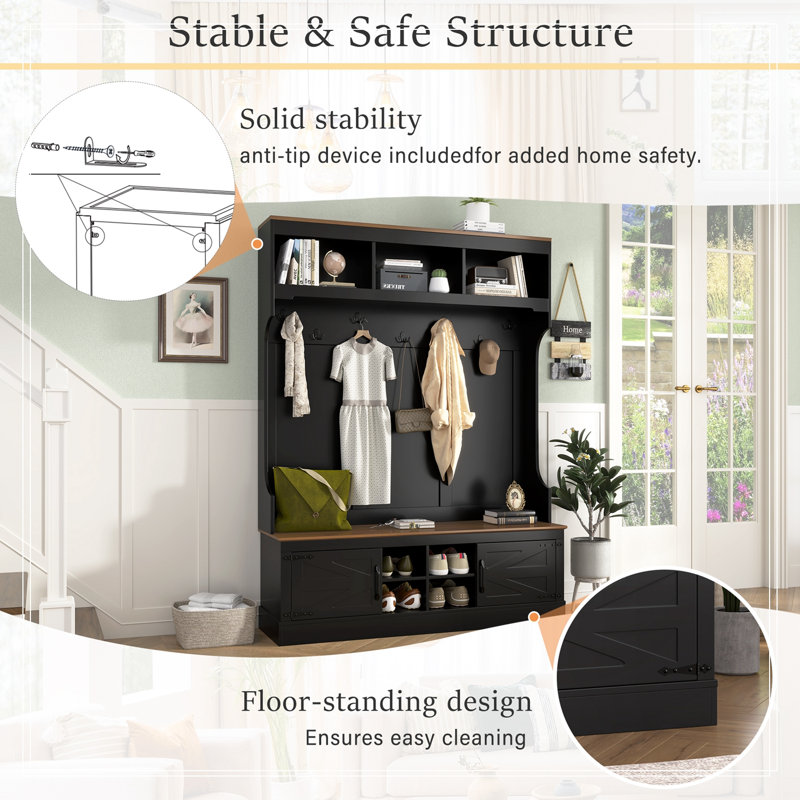 Canapé avec banc, rangement pour chaussures, 2 armoires et casiers, Noir