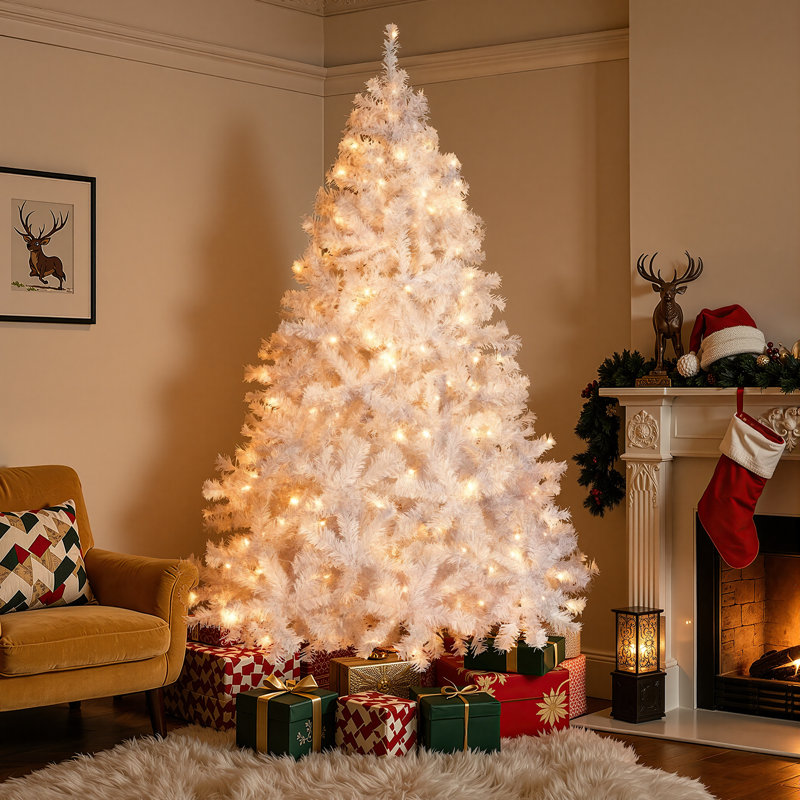 Sapin de Noël artificiel blanc de 1,80 m préilluminé avec 250 lumières blanc chaud, 800 extrémités de branches, branches articulées faciles à monter et support en métal