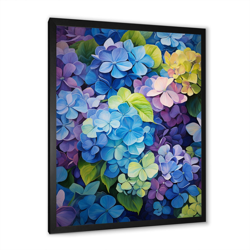 «Blue Blue Hydrangea Petals In Motion», reproduction sur toile, Cadre photo noir, H 20 po x l 12 po x P 1 po