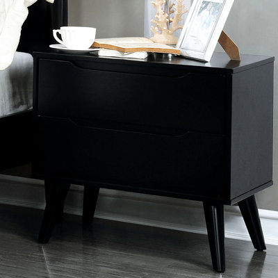 Table de chevet de style Mid-Century moderne, 2 tables en bois massif noir avec pieds fuselés ronds et poignées de tiroir encastrées