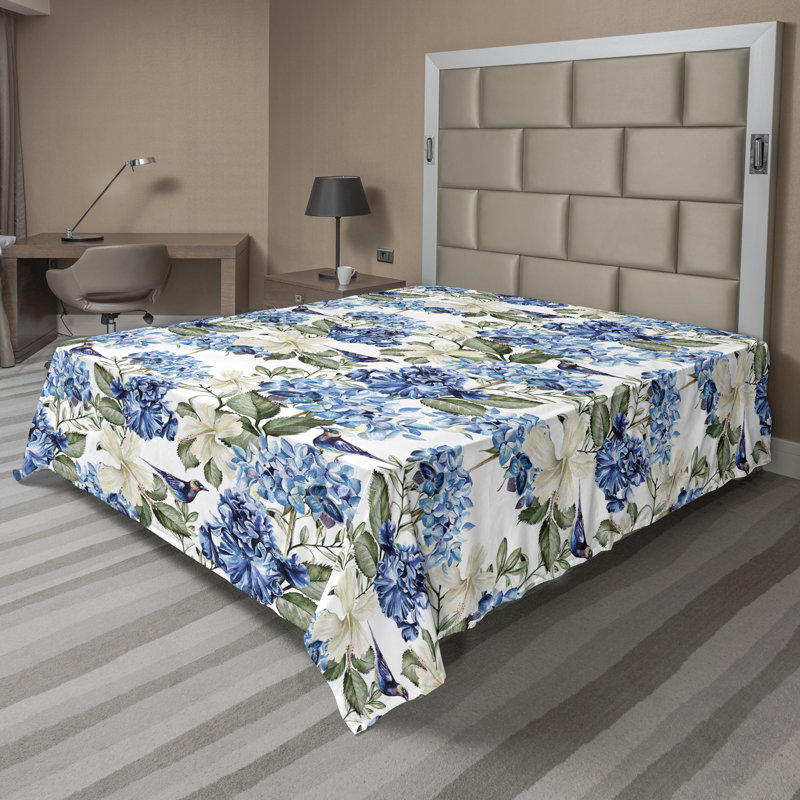 Ambesonne fleurs drap plat rétro hortensia branches bleu olive vert coquille d'œuf, Drap plat pour très grand lit californien