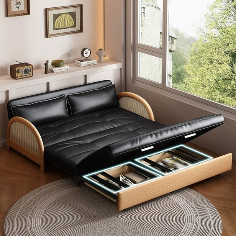 Coussin convertible 59,06 po en cuir véritable noir, 33.07"H x 59.06"L x 31.50"W