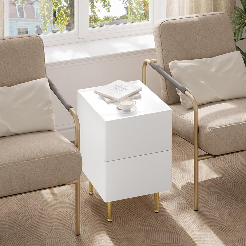 Ballone 2 Drawer Bedside Table, White/Golden
