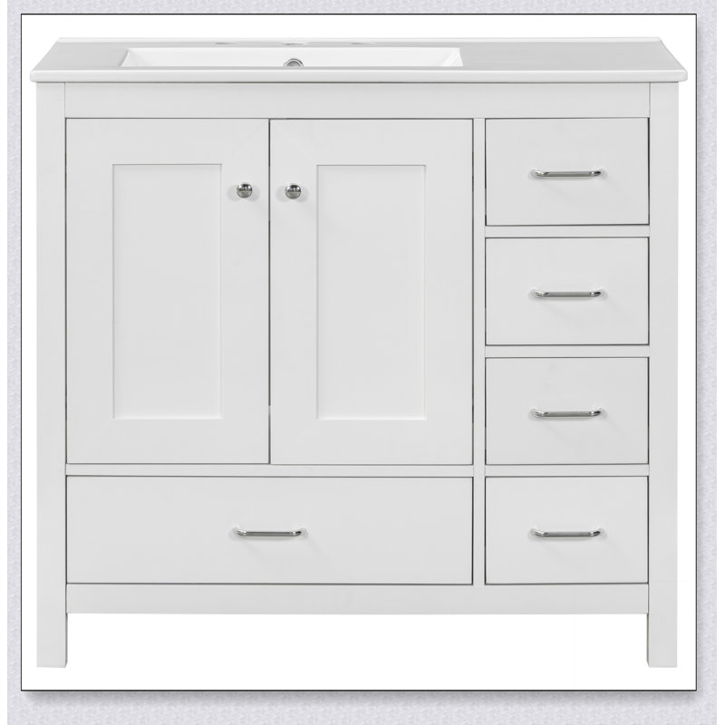Ensemble de meuble-lavabo pour salle de bain avec lavabo en céramique, armoire de rangement abondante, portes et tiroirs à fermeture en douceur