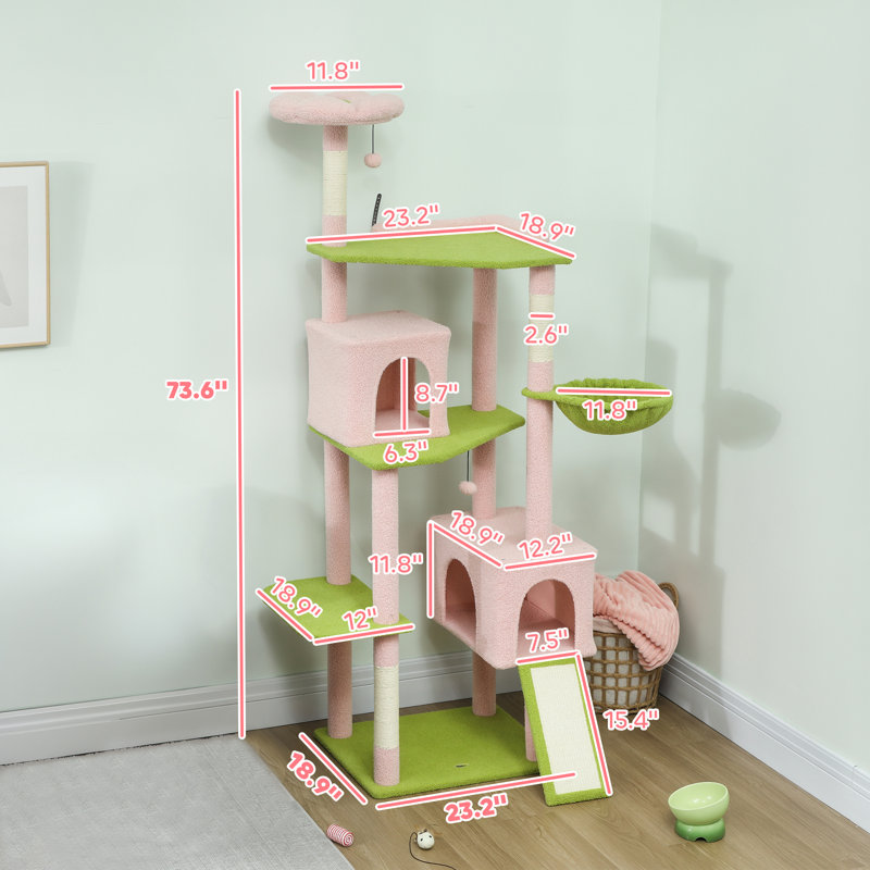 Arbre à chat grand format de style fleur rose pour chats d'intérieur, tour à plusieurs niveaux avec 2 niches spacieuses, poteaux à griffer en sisal, balles à suspendre et perchoir moelleux
