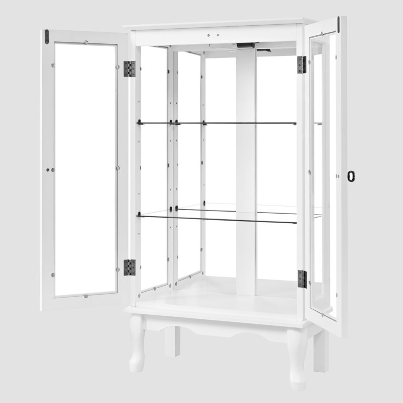 Cabinet Curio avec tablettes réglables et panneau arrière en miroir, portes en verre trempé (blanc, 3 niveaux), Blanc