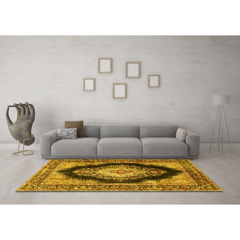 Tapis traditionnels jaunes lavables à la machine 4364, Carré 3 pi