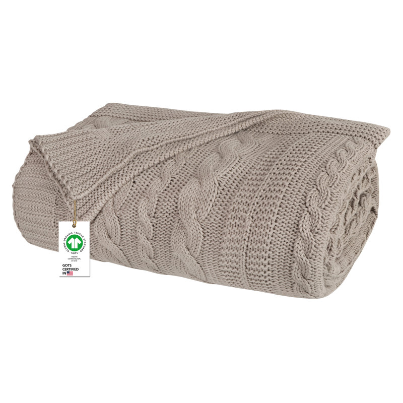 Delara Organic Cotton Throw Blanket 50x70 inches, GOTS Certified Cable Knitted Throws Blanket for Sofa Couch Bed, Light Gray