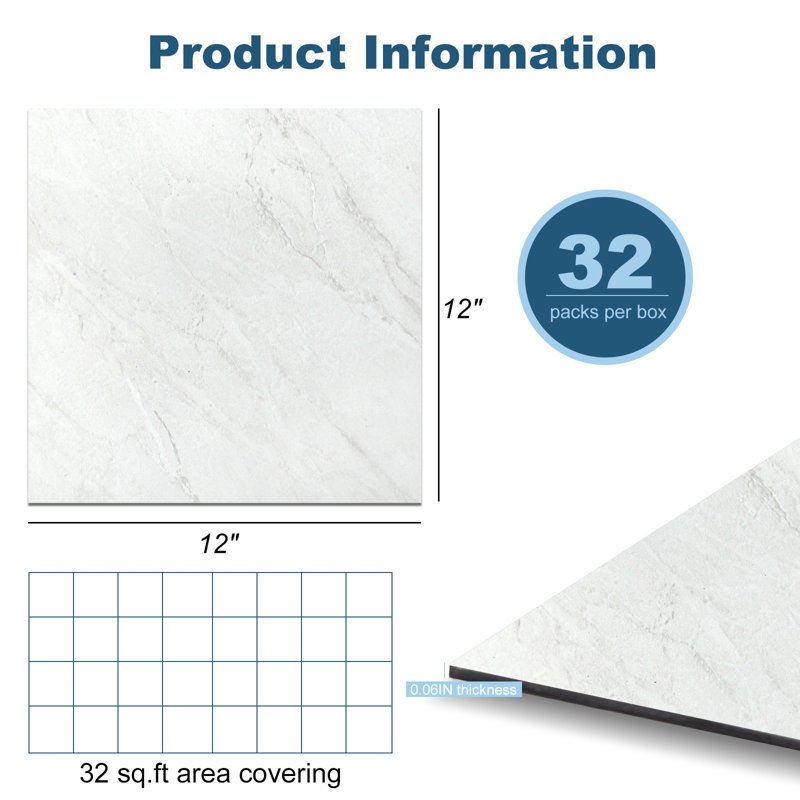 Carreaux de vinyle autocollants l 12 po x L 12 po x 1,5 mm, vinyle de luxe, Ivoire blanc