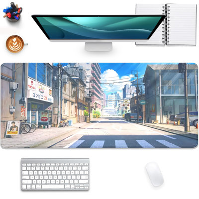 Tapis de souris japonais Anime Tokyo Street, grand tapis de souris de jeu étendu avec bords cousus, base en caoutchouc antidérapante et imperméable pour le bureau, le travail et les jeux à la maison, 40 x 90 cm. Livré avec une tasse blanche en cadeau.