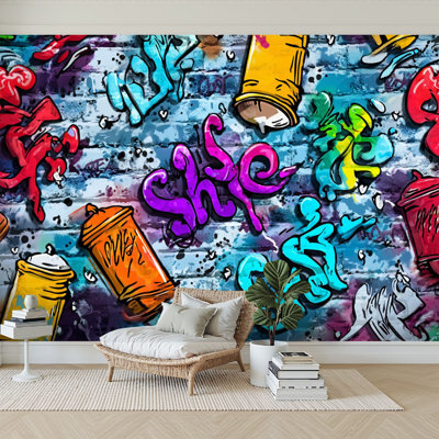 Peel and Stick Wallpaper 144" W x 100" H Modern Self Adhesive Wall Mural for Bedroom Graffiti Spray Characters Urban Art Painting