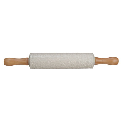 Embossed Stoneware Rolling Pin With Pattern And Wood Handles