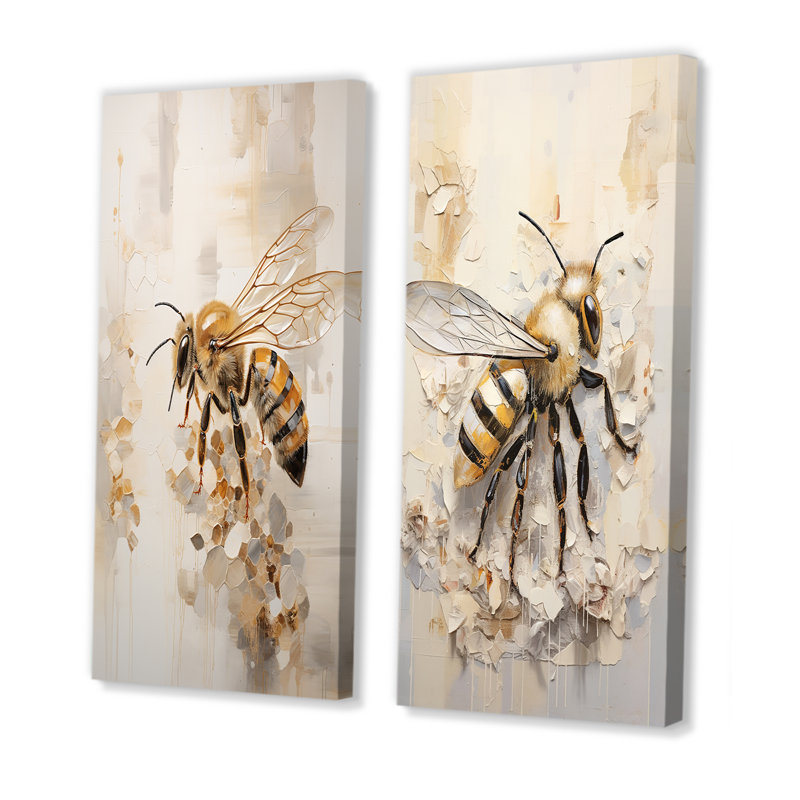 Minimalisme Buzzing Bee - ensemble de 2 décorations murales abeilles, H 28 po x l 25 po, Toile tendue