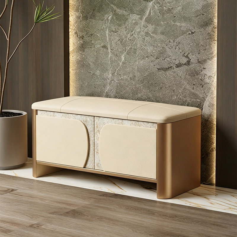 Banc à chaussures de rangement en bois massif doré et crème, 39,37 po, style luxueux, pour la maison