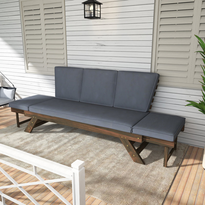Outdoor Adjustable Acacia Wood Daybed, Brown, Gray