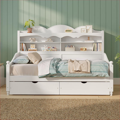 Lit de jour simple en bois de style rétro avec tiroirs de rangement sous le lit et tablette de tête de lit, aucun sommier requis, assemblage facile, blanc éclatant