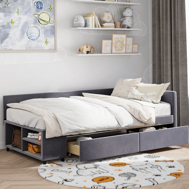 Lit plateforme tapissier en L avec tiroirs, Gris