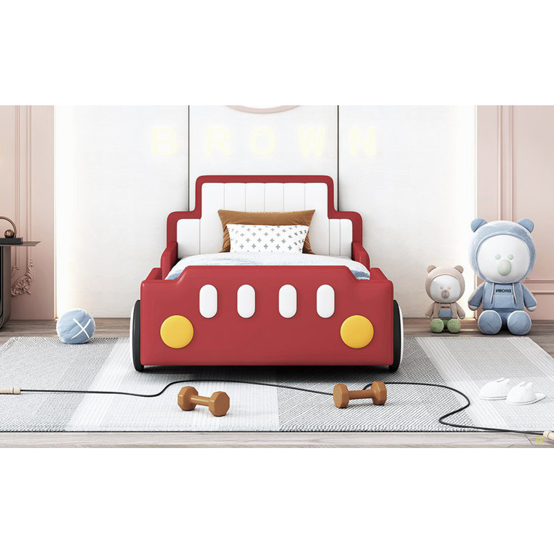 Twin Size Race Car-Shaped Platform Bed With Wheels, Red