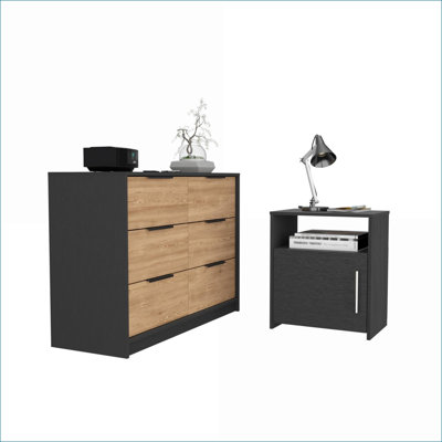 Ensemble de chambre à coucher | Ensemble de rangement moderne en pin noir 2 pièces, commode 4 tiroirs + table de chevet, pour le rangement dans la chambre à coucher | Noir | Panneau de particules