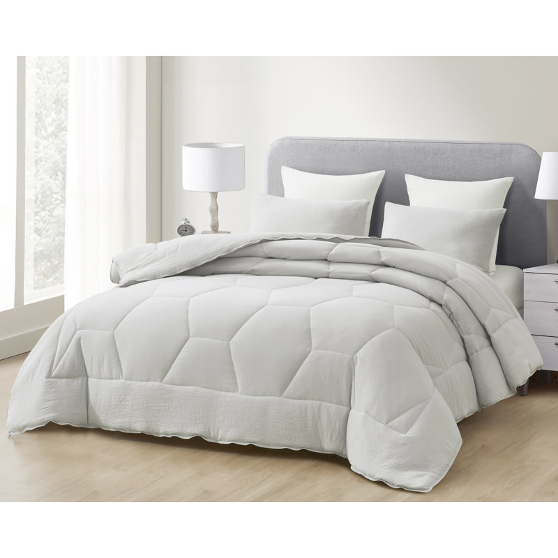 Washed Microfiber Bedding Honeycomb Comforter Set, Queen Comforter + 2 Standard Shams, Light Gray