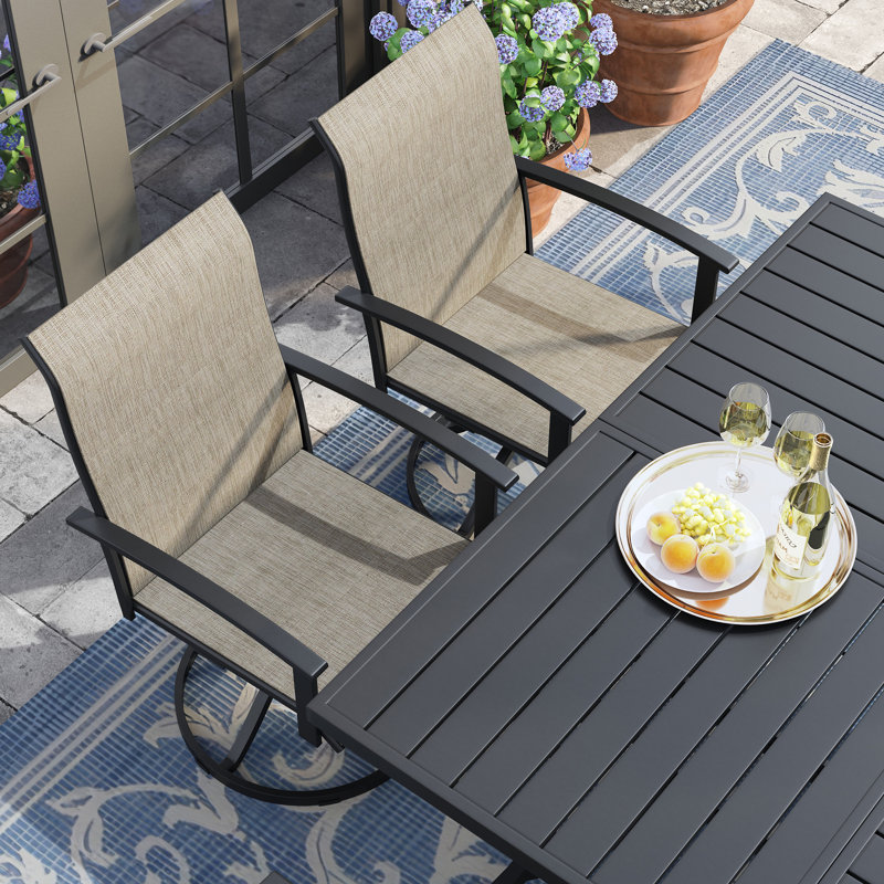 8-Person Square Patio Dining Set With Swivel PVC-coated polyester Chairs, Black/Brown