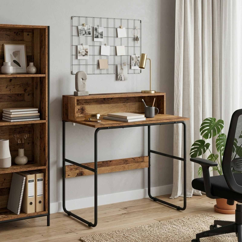 Steel Writing Desk, 91 cm H x 80 cm W x 50 cm D, Oak Wood/Black