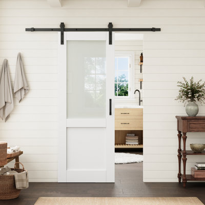 32" x 80" White Primed Prefinished Half-Lite Frosted Glass And Solid Core Standard Slab Door With Black Barn Door Hardware Kit For Pantry